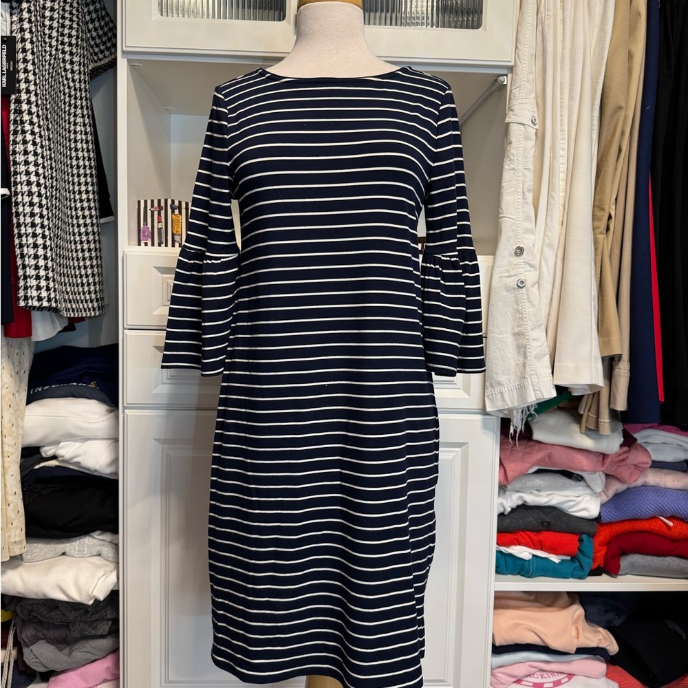 White House Black Market Blue and White Sheath Dress with Bell Sleeves